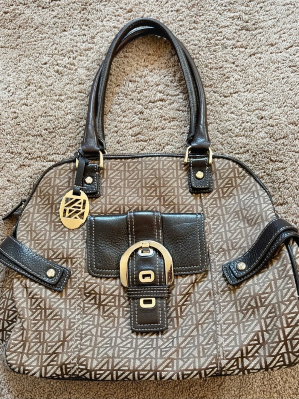 Anne Klein Brown Patterned Satchel with Dark Brown Trim and Gold Hardware